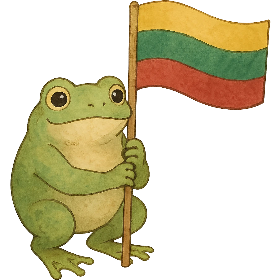 ghibli style frog holding a Lithuanian flag emoji