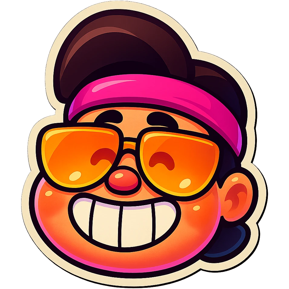 Create a cute and expressive emoji of the Brawl Stars character with a big smile, sunglasses, and pink headband. Keep the character's joyful expression and style, with a simple or transparent background. Use the retro stickers style for a vibrant and playful look. emoji