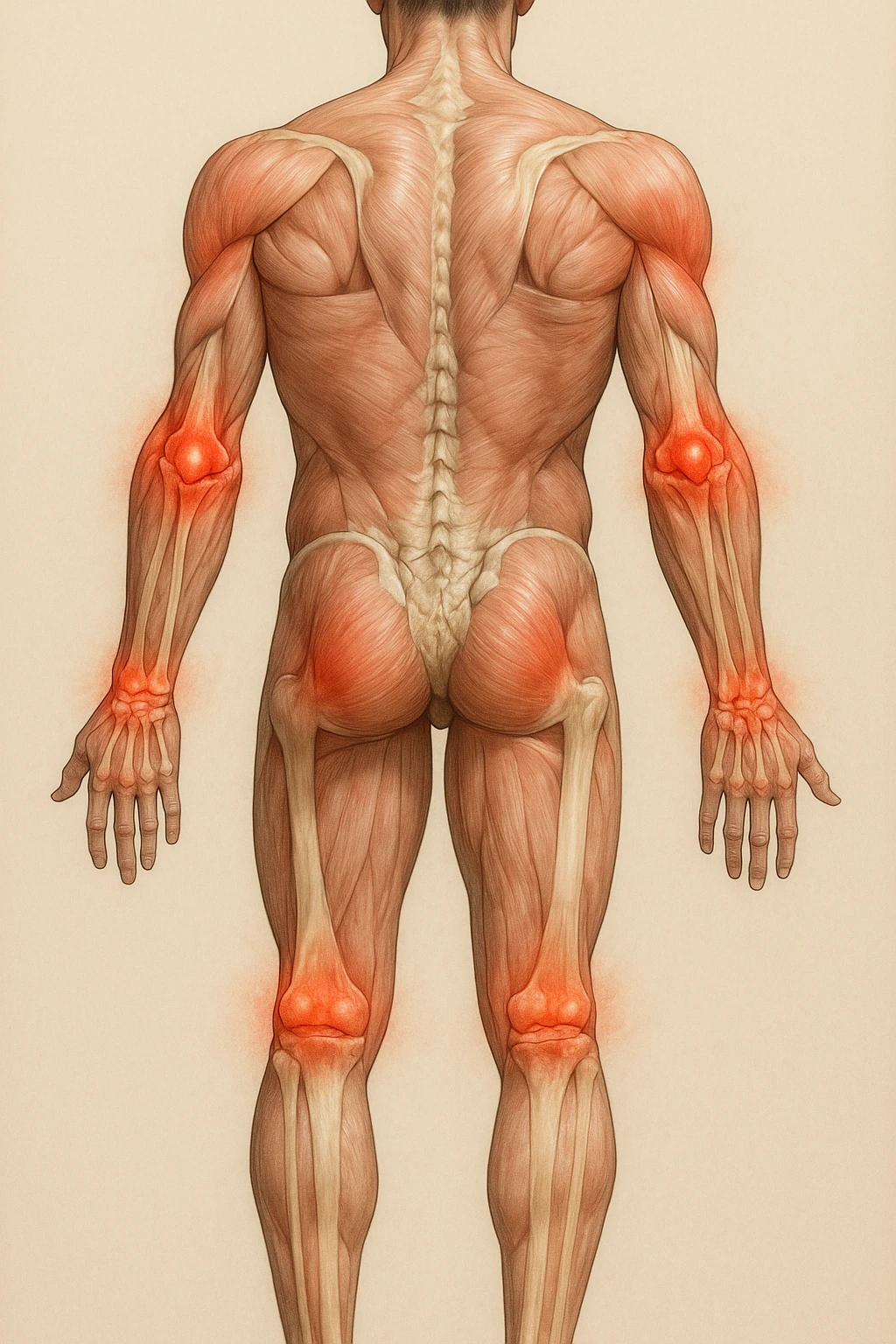Create a series of 5 vertical images of a man (reference photo) with widespread joint pain, highlighting inflammation with an anatomical view. Show red zones on the joints, medical style, anatomical details, hyperrealism, variation 5. emoji