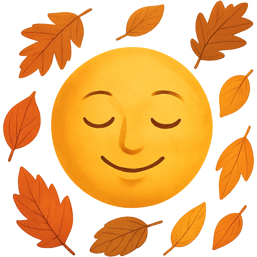 yellow face with falling leaves, nature theme, digital illustration emoji