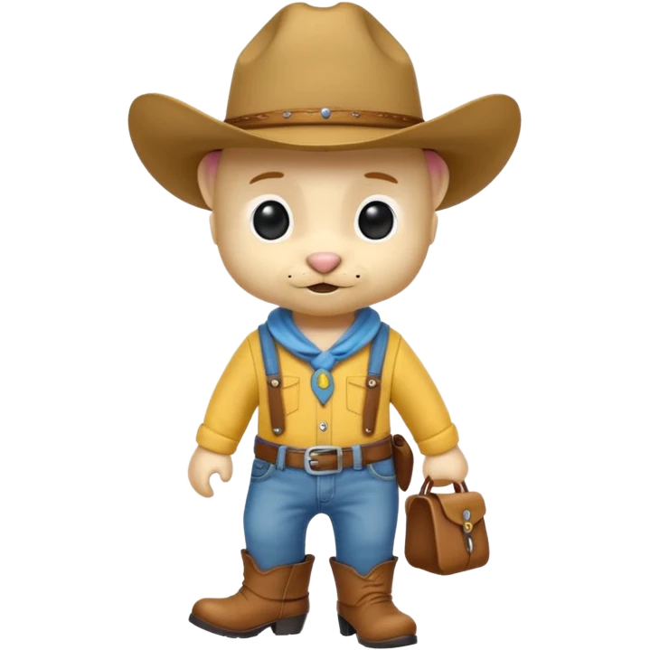 a very cute and adorable anthropomorphic puppy with a cowboy hat ,yellow shirt and blue jeans and brown boots is walking  emoji