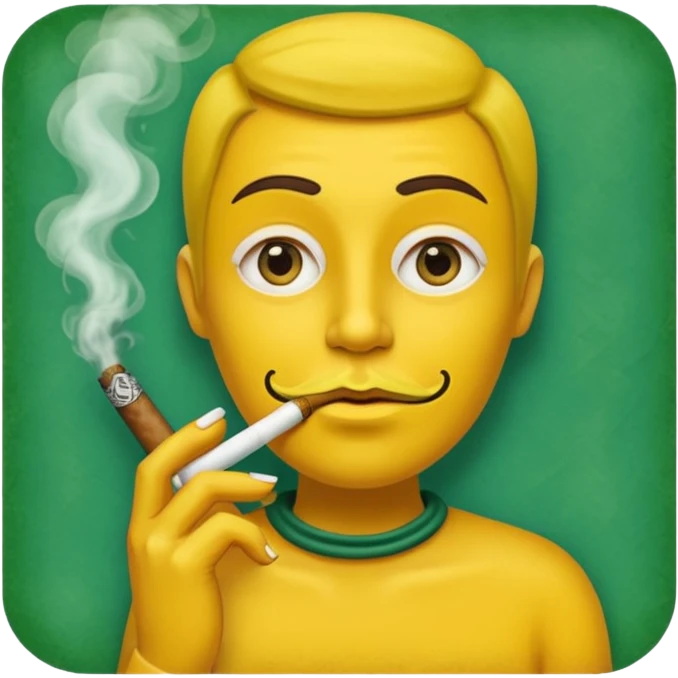 Hazme una carita amarilla aturdida con un cigarro en la boca soltando humo, el cigarro es de papel de liar y dentro está relleno de un tabaco verde emoji