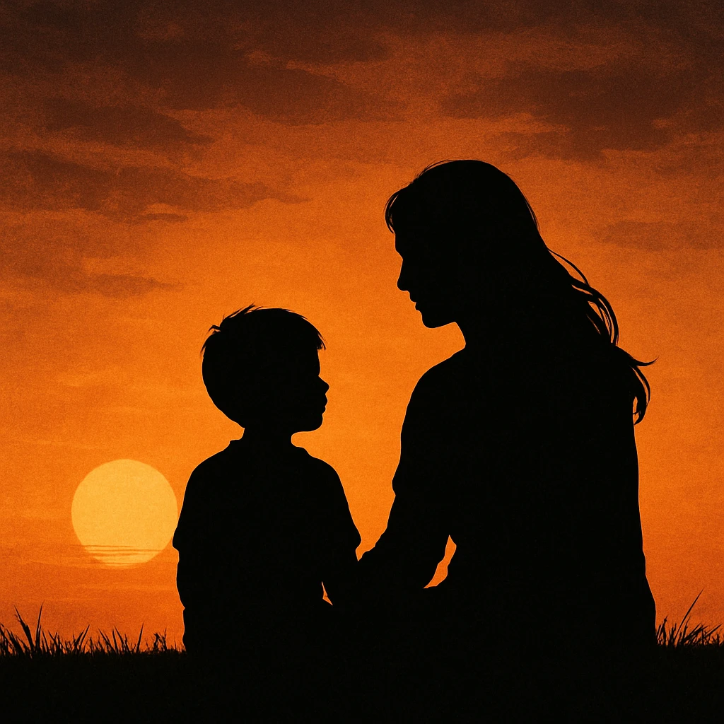 Silhouette of a mother and son watching the sunset together, serene and artistic emoji