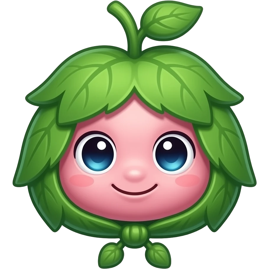 "Pink Junimo from Stardew Valley, leaf hood, sparkling eyes, whimsical farm background, cute and magical style, soft pastel colors." emoji