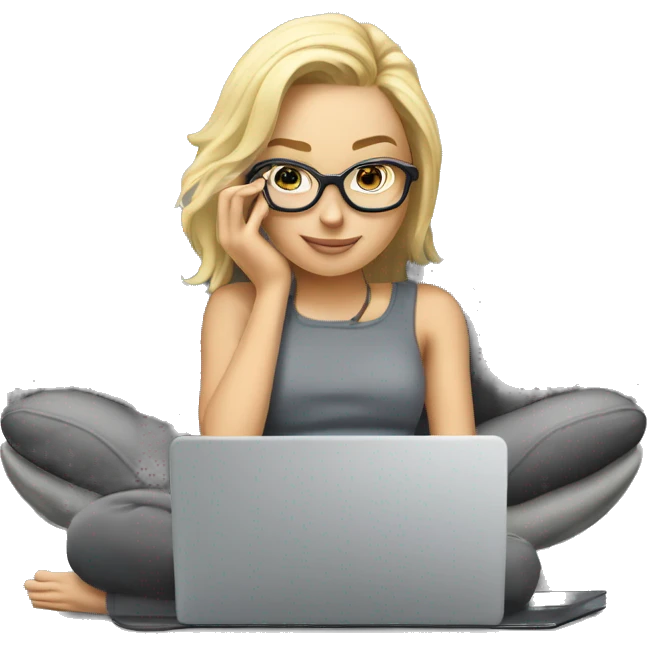 Blond girl laying on a grey couch with grey pillows with glasses on and a laptop on small table in front with coffee cup on mouse pad emoji