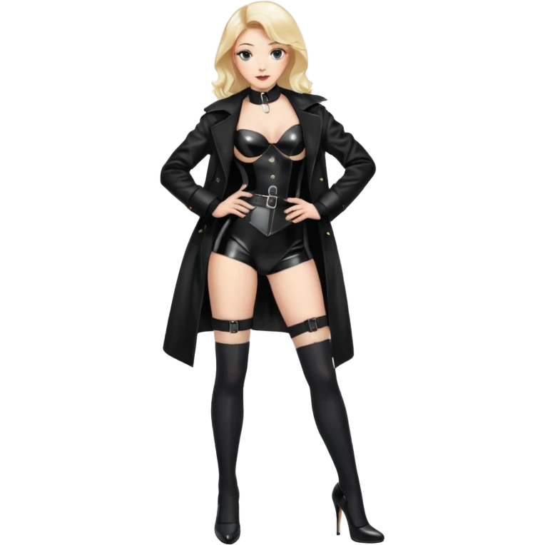 Create an female emoji with stockings and garter belt wearing a shiny wetlook coat and shiny high heel boot that go below the knee emoji