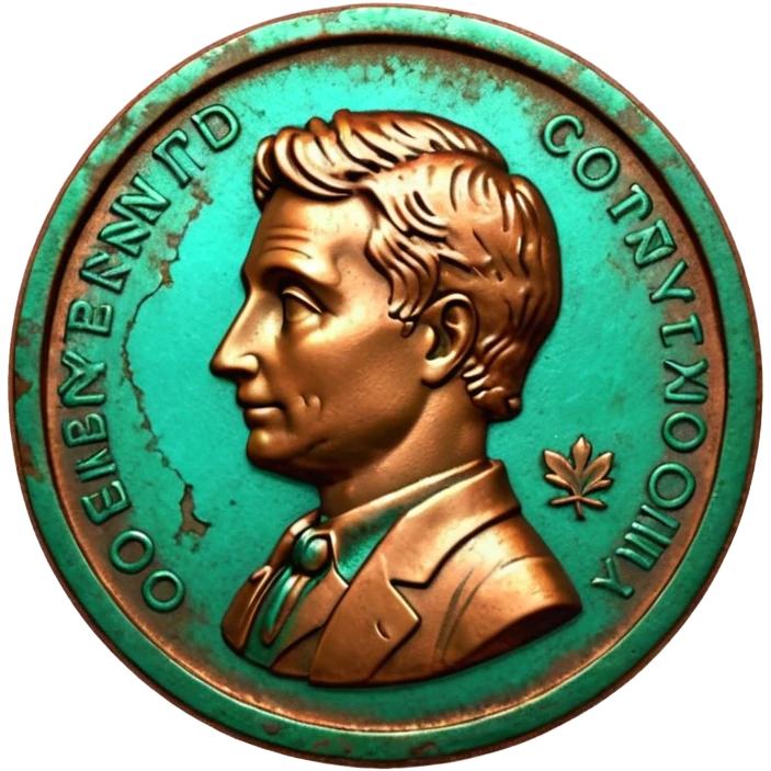 3D render of Old Penny, heavily oxidized copper texture, verdigris patina, Brown coin turning green on edges, weathered bronze aesthetic, ancient decay, Apple emoji style, isolated on white background --v 6.0. emoji
