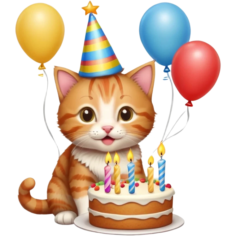 Ginger tabby kitten celebrates birthday, birthday hat, birthday cake, one candle, balloons, happy, gifts emoji
