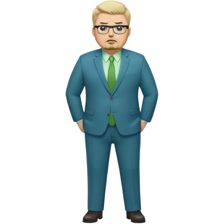 Full Body white male plus size wearing glasses with a goatee with lihu blonde and gray very short hair angry head Coach in blue and green suit emoji