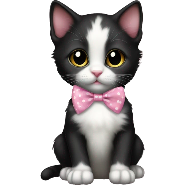 Baby Full body Tuxedo kitten with a pink polka dot ribbon Hazel eyes emoji