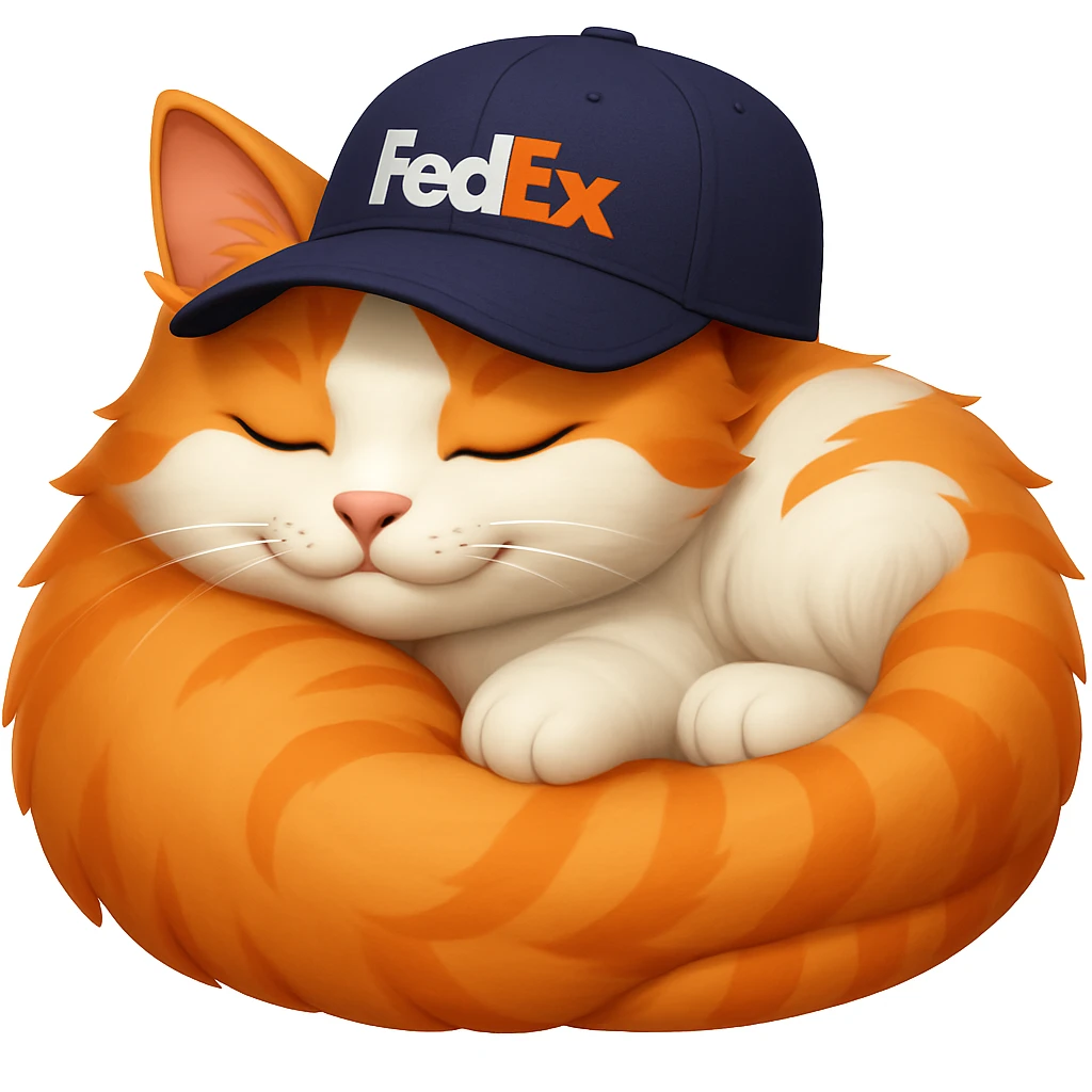 sleeping cat emoji with a FedEx uniform cap emoji