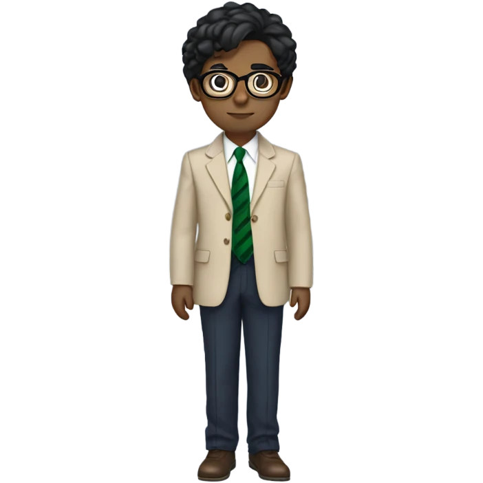 Hair: Messy, medium-length black hair covering the ears and forehead. Outfit: A formal school uniform featuring a white shirt with an open collar, a green striped tie, a navy sweater underneath, and a beige blazer on top. Skin color white. Glasses emoji