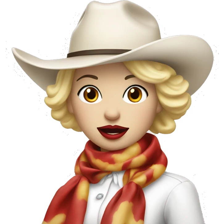 cowgirl with a white hat and white ASCOT scarf and blonde short hair with red lipstick eating hotdog emoji