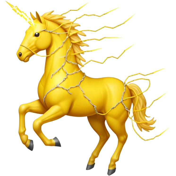 A yellow horse made entirely of crackling electricity, with visible yellow wires, lightning bolts shooting off its body, and a dynamic galloping pose. emoji