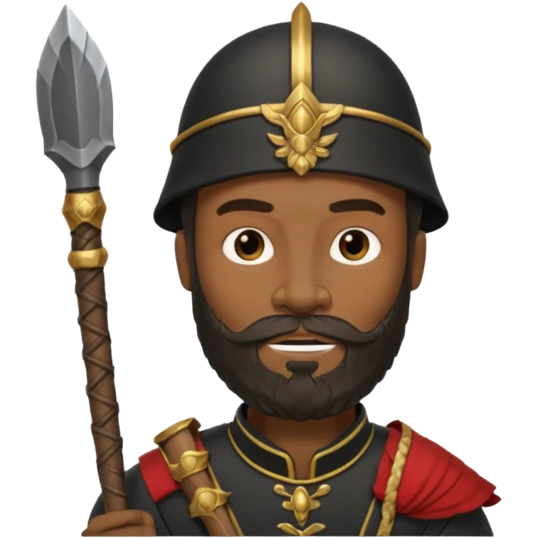 black ancient soldier with raw stick weapon, beard and bold emoji