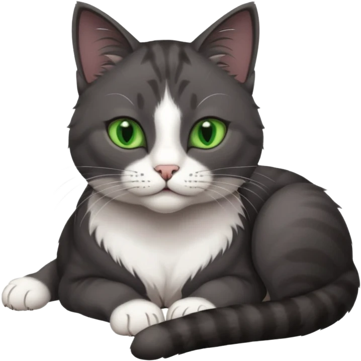 beautiful female solid dark grey cat with green eyes, white toes/paws and white patch on her chest lying down emoji