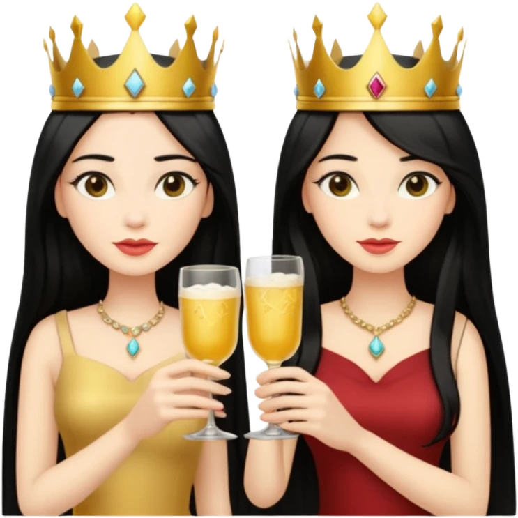Two queens with long black hair and blonde drink emoji