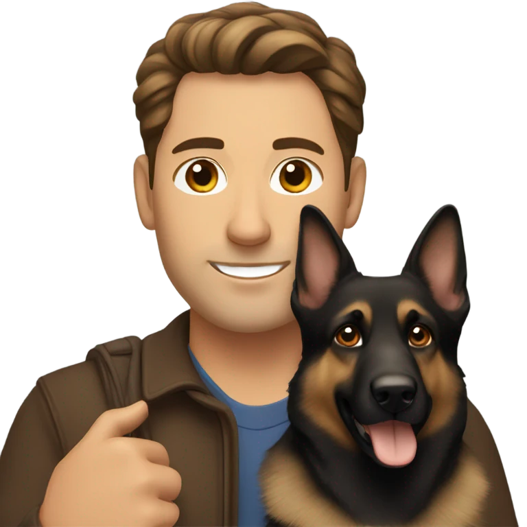 Brown hair man with brown eyes holding German shepherd dog emoji