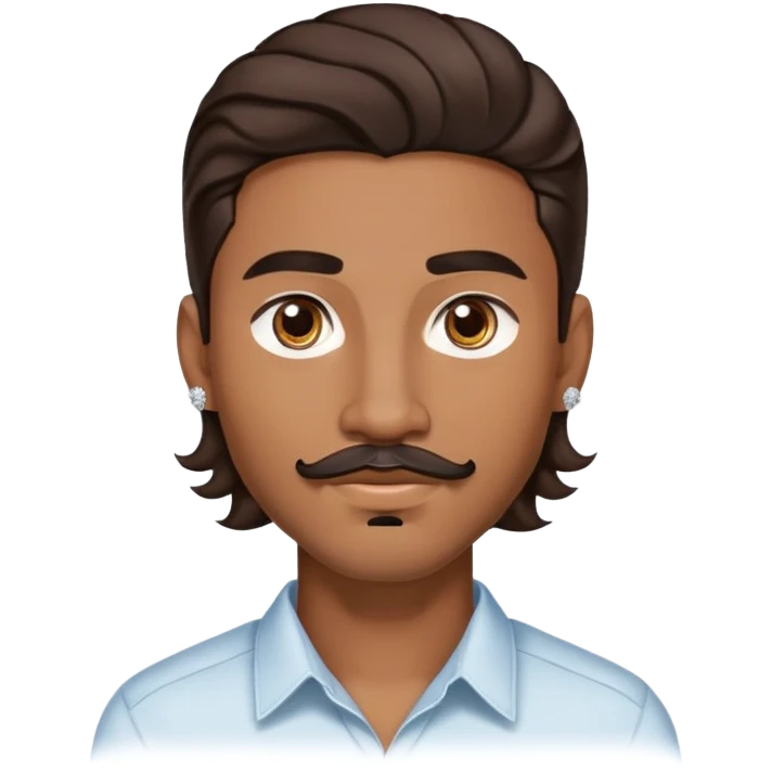 Young man with medium brown skin, mixed-race ethnicity, long wavy dark brown hair with a center part, mustache separated from goatee (no connection between them), medium brown eyes, diamond stud earrings in both ears, head only emoji
