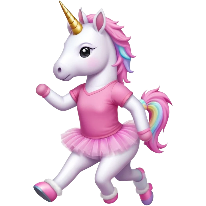 anthropomorphised female unicorn in tutu and pink t-shirt jogging upright standard pose emoji