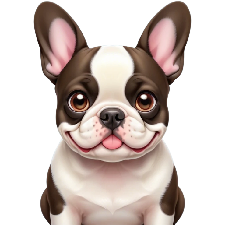 Cinematic Cute Pied French Bulldog Portrait Emoji, Head tilted with a sweet, mischievous grin and large, inviting eyes, featuring a unique pied fur of contrasting colors, simplified yet irresistibly endearing, highly detailed, glowing with a warm, playful radiance, high shine, exuding a quirky charm and affectionate personality, styled with a soft, lighthearted outline, capturing the essence of a cute Pied French Bulldog that looks ready to charm its way into your heart! emoji