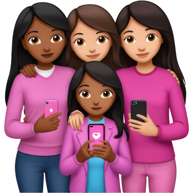 3 brown girl friends with a phone on their hand, one with black long hair light skin,  one with brown hair long and the other one with black with brown medium length hair . Wearing pink glammed up and hugging  emoji