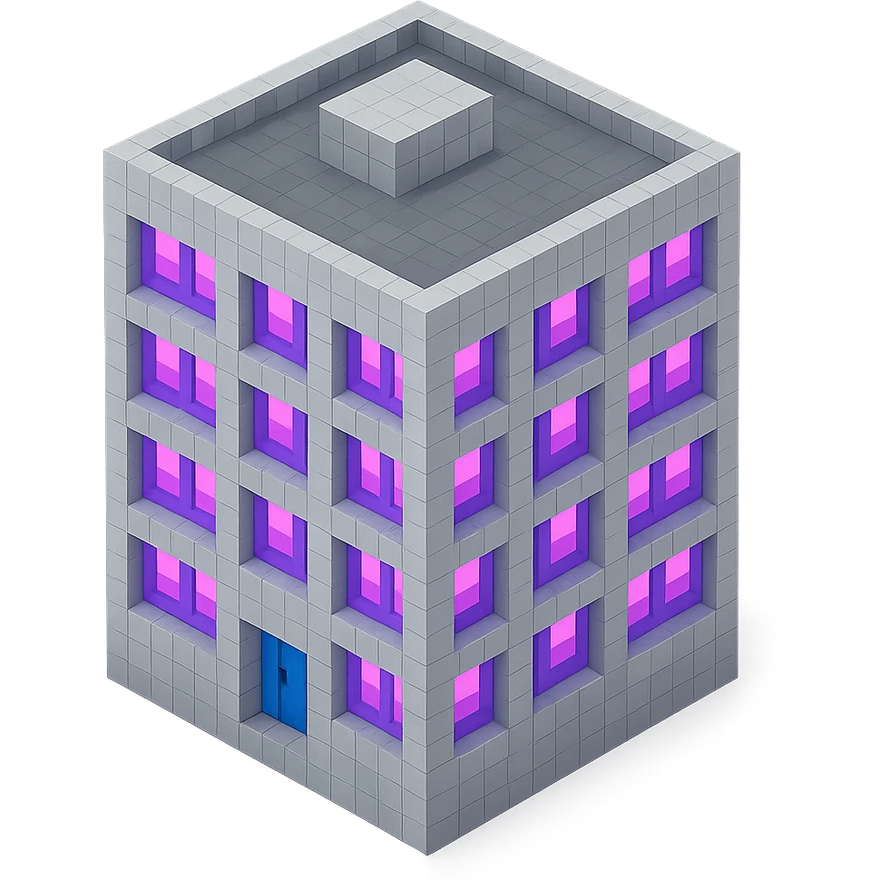 Russian panel apartment building, square block shape, light gray concrete, windows glowing with ultraviolet color, isometric view emoji