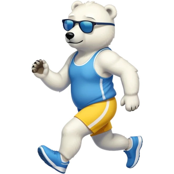 friendly anthropomorphised polar bear jogging upright, wearing blue and yellow athletic outfit and dark sunglasses emoji