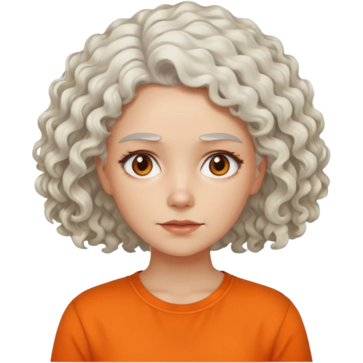 curly white  hair woman in orange shirt no smile emoji
