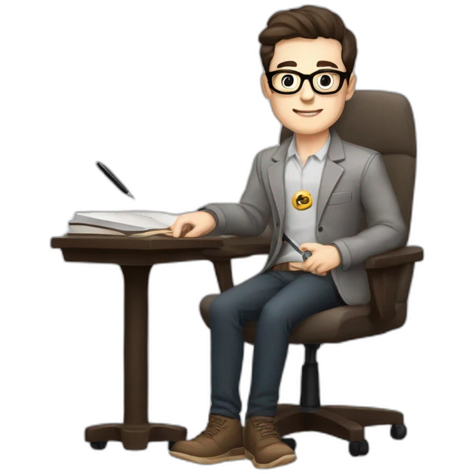 Pale skinned Fit Man With dark brown hair in gray jacket with emblem Ψ, beige office shirt and vintage glasses sitting In a soft chair with a notebook and a pen in his hands emoji