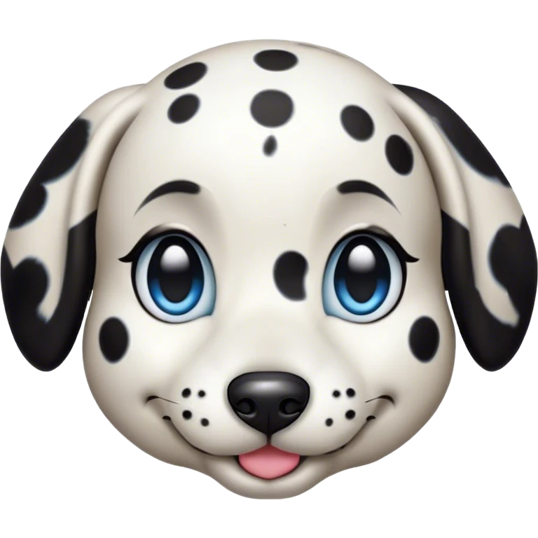 Cinematic Cute Harlequin Dalmatian Portrait Emoji, Head tilted playfully and inquisitively, featuring a glossy Fur of predominantly white with dynamic black patches, round, sparkling blue eyes filled with gentle curiosity, Simplified yet irresistibly adorable features, highly detailed, glowing with a warm, friendly glow, high shine, affectionate and gentle, stylized with a touch of whimsy, bright and endearing, soft glowing outline, capturing the essence of a mischievous yet loving pup, so playful it feels like it could lumber out of the screen and into your arms! emoji