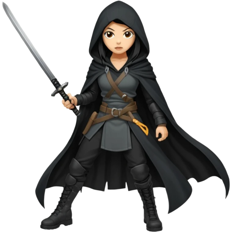 The character is a fierce, mysterious female warrior with long black hair that flows down to her navel. She wears a black hooded cloak, tactical black clothing, and black combat boots. She holds a katana in one hand. Her expression is confident and shadowed beneath the hood.  emoji