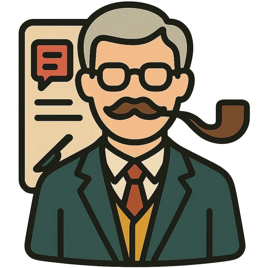 minimalistic icon of a refined scholarly professor with glasses, pipe, elegant suit, exuding intellectual authority and respect, atop a sleek document background with subtle AI messaging interface cues, scalpel motif subtly integrated, vintage European university color palette, evokes technical precision and scholarly elegance emoji