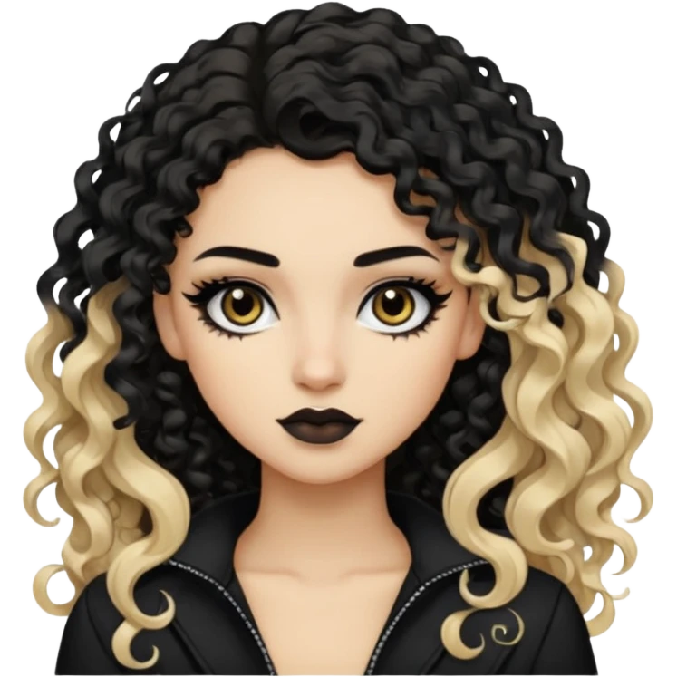 split dye leftside blonde rightside black-brown hair, baddie, pretty makeup, black eyeliner, long and curly hair emoji