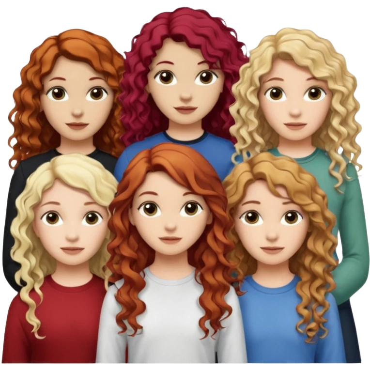 5 girls. The 1st girl has curly read hair. The 2nd girl has dyed blonde hair with brunette roots and she had mid-length hair that is wavy. The 3rd girl has long wavy brunette hair. The 4th girl has mid-length straight brunette hair. The 5th girl has black hair that is mid-length and wavy. emoji