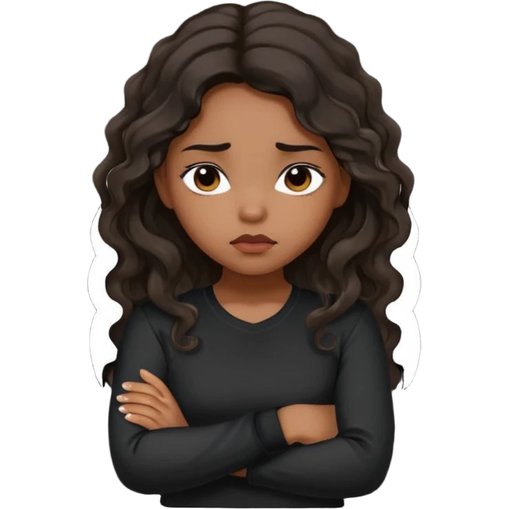 Hispanic girl with dark long wavy hair crossing her arms while pouting and wearing a black long sleeve shirt emoji