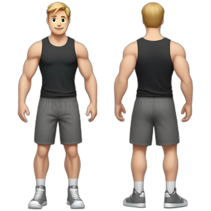 Full height Actively gesturing with hands Pale skinned Fit Man With the biceps and light brown hair with Bristle in dark gray Sleeveless Mike, black oversize sports shorts and white Sneakers emoji
