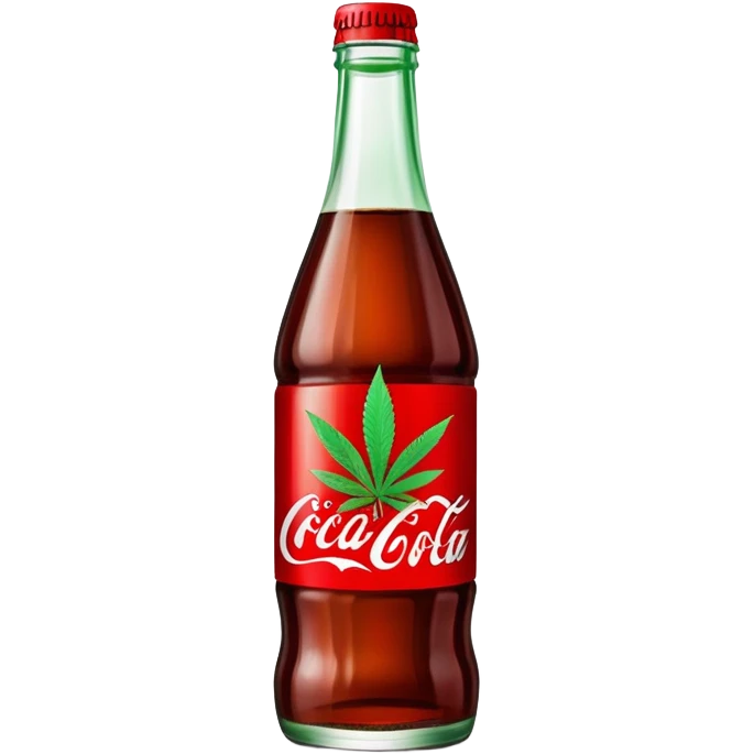 iconic curved Coca-Cola style glass bottle in red with a green cannabis leaf and "red pop" text on the label emoji