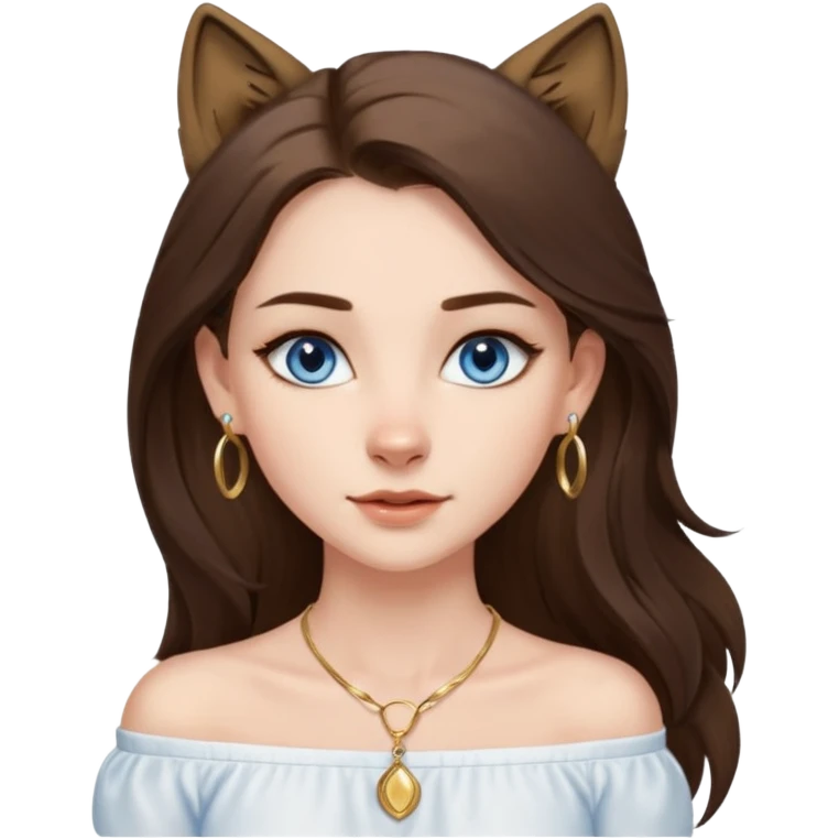 A pretty white girl with brunette hair blue eyes  thin gold hoop earrings and a matching gold necklace in a white shirt that cuts off the shoulders her hair is long and she has a wolf cut emoji