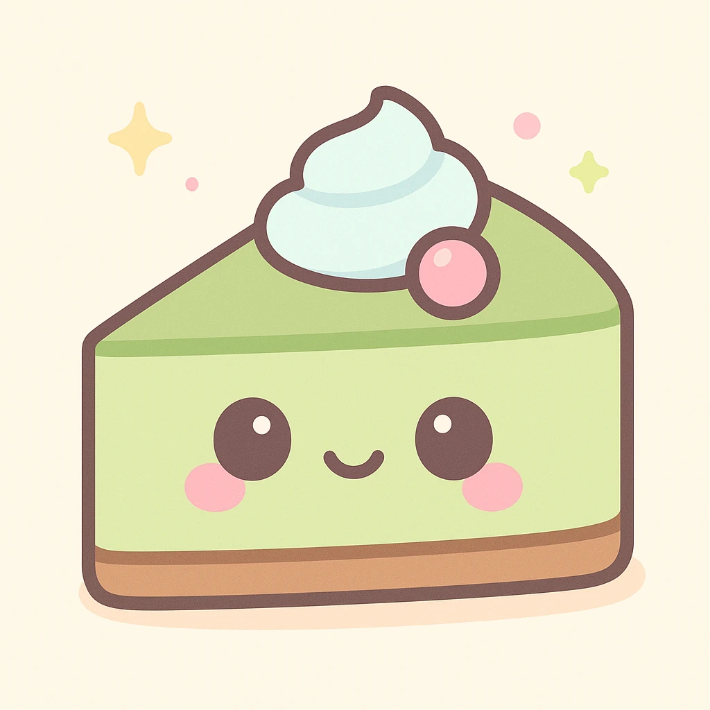 a cute matcha cheesecake slice with a smiling face, kawaii style, pastel colors emoji