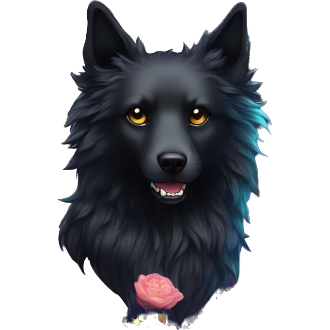 Black iridescent fluffy dog fox head zombie skull skeleton gold mechanical nebula galaxy stars colorful flowers fairy lights vintage emoji