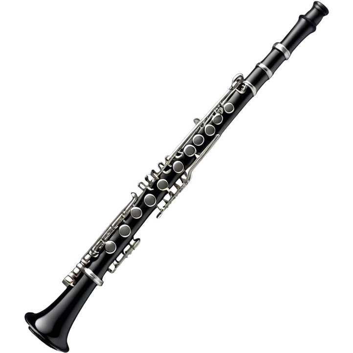 Create an elegant and refined emoji representing A clarinet. The design should showcase the sleek, black wood finish of the clarinet with its shiny metal keys and elegant detailing. Include the distinct, high-quality features, giving it a modern and sophisticated look. Add subtle elements like the mouthpiece with the reed, emphasizing its importance in sound production. Use dark tones like ebony, silver for the keys, and soft light reflections to evoke a professional, classical feel. The background should be transparent. emoji