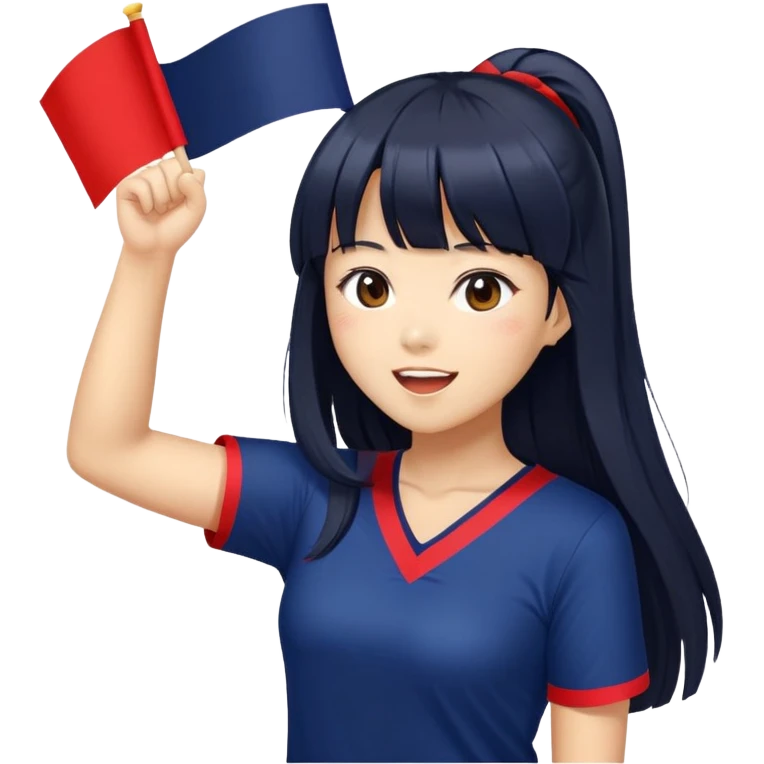 East Asian woman with long black straight hair and bangs wearing Doosan Bears team colors navy blue and red, cheering emoji