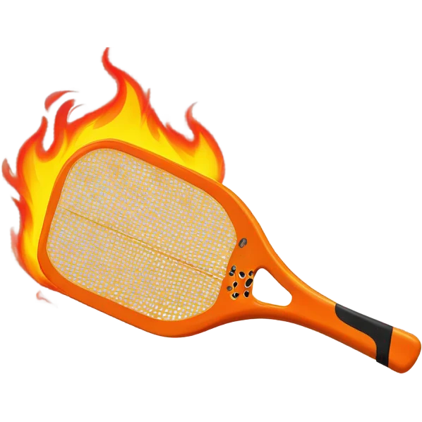 Flames and a pickleball coming off a contemporary Pickleball paddle with no holes in it.  emoji