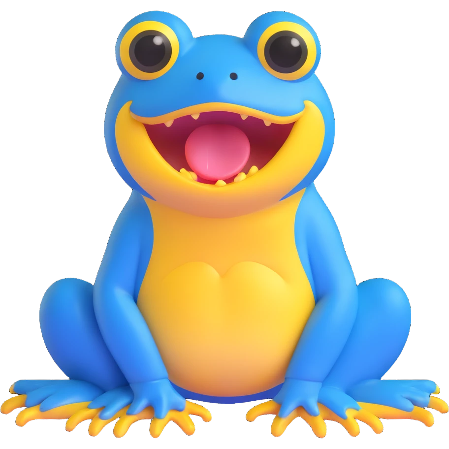 blue frog with a big yellow mouth and wide eyes, sitting, looks silly and sweet, suitable for kids, daily expression, circle time helper emoji