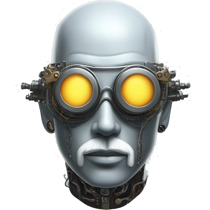 Bald cyborg head with silver steampunk goggles, white beard and circuits emoji