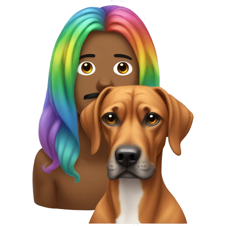 white man with long rainbow colored hair and twisted mustache next to a brown rhodesian ridgeback emoji