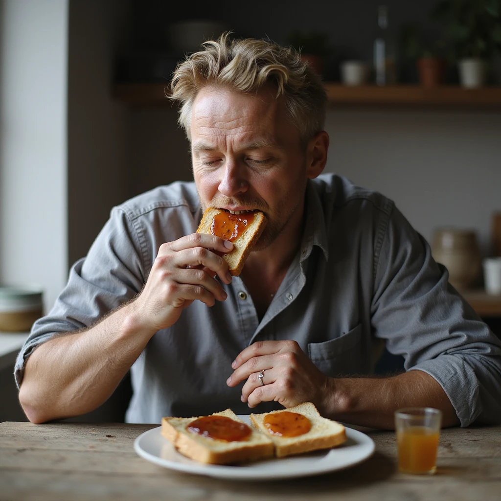 hyperrealistic 4K man isolated on white background having breakfast, eating a slice of bread with jam, natural pose, realistic details, variant 4 emoji
