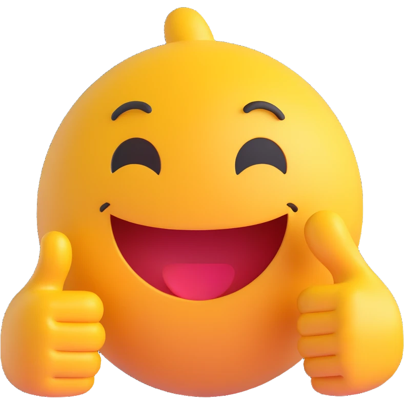 3D smiley emoji, round shape, thumbs up, with the text "like" emoji