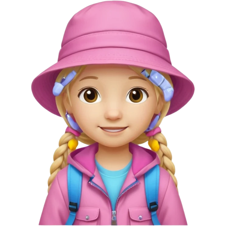 Little girl kid student, long braid blonde, wears pink bucket hat and jacket, backpack, happy emoji